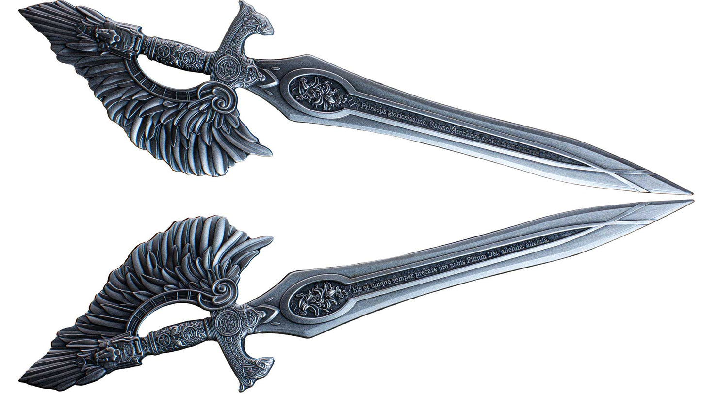 Sword of St. Gabriel, 2.5oz Silberbarren 3D, Shaped, Antik Finish*