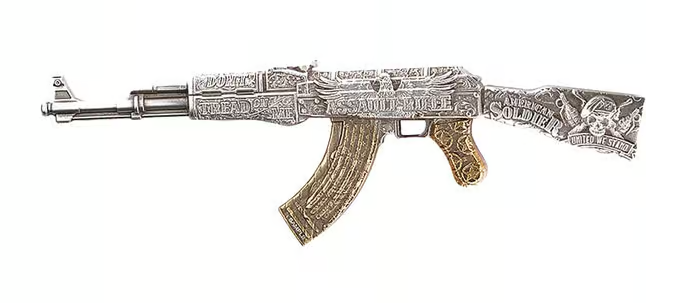 2024 Chad 2 oz Silbermünze AK47 Antik Gilded Shaped HR*