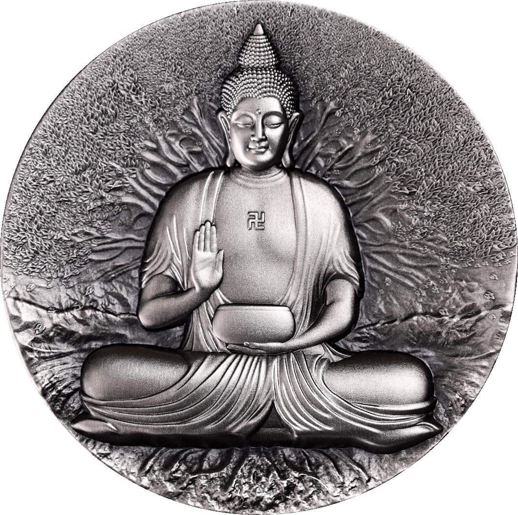 Gabon Buddha, The Creator of Buddhism 2025, 2oz Silbermünze HR Antik Finish