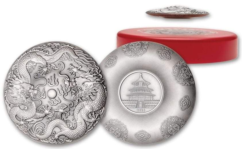 China 2024, Two Dragons & Pearl, 88g .999 Silbermedaille, Schwebende Münze