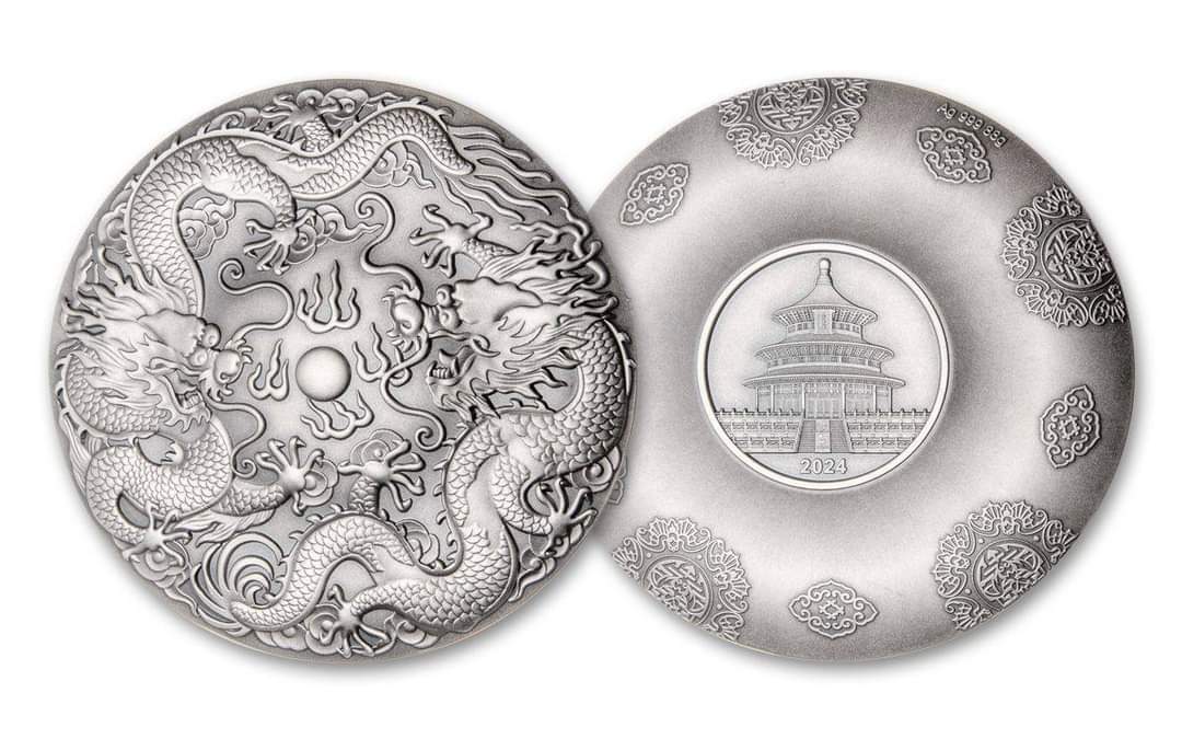 China 2024, Two Dragons & Pearl, 88g .999 Silbermedaille, Schwebende Münze