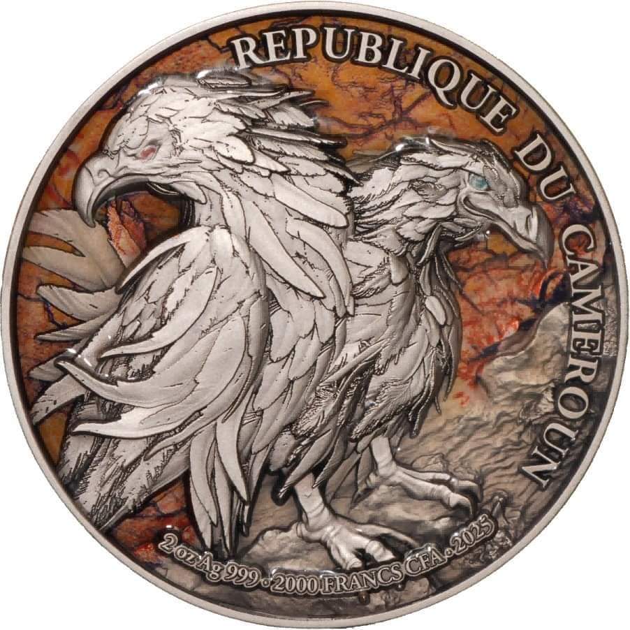 Cameroon 2025 - Double Headed Eagle - Bi-Metall Coin - 2oz Silbermünze* mit 11.5oz Kupferkern - UHR, Antik, Color, Glow in the Dark