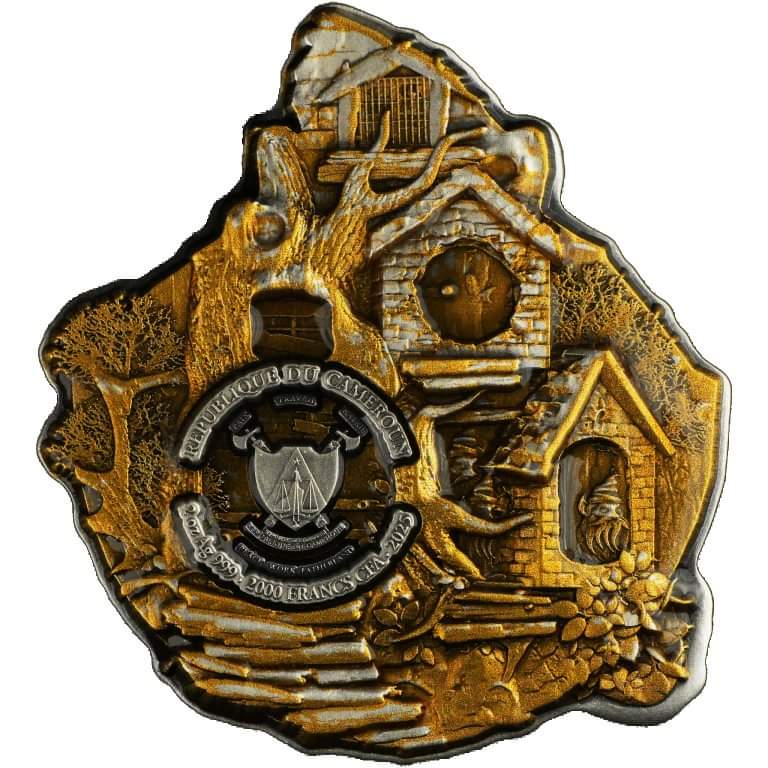 Cameroon The Dwarf 2025, HR, Antik, Gilded, Color, Glow, Shaped Coin 2oz Silbermünze*