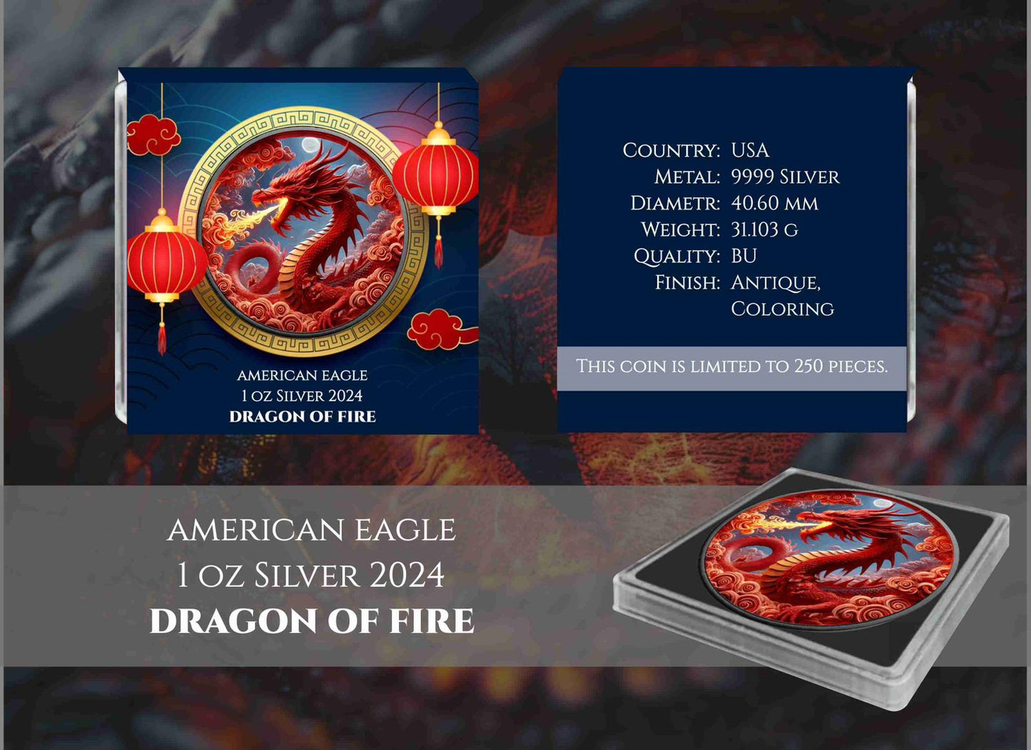 American Eagle Dragon Of Fire Color 1oz Silber 2024*