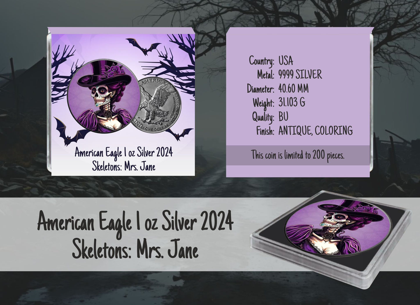 USA ASE Skeletons Mrs. Jane Color 1oz Silber 2024*
