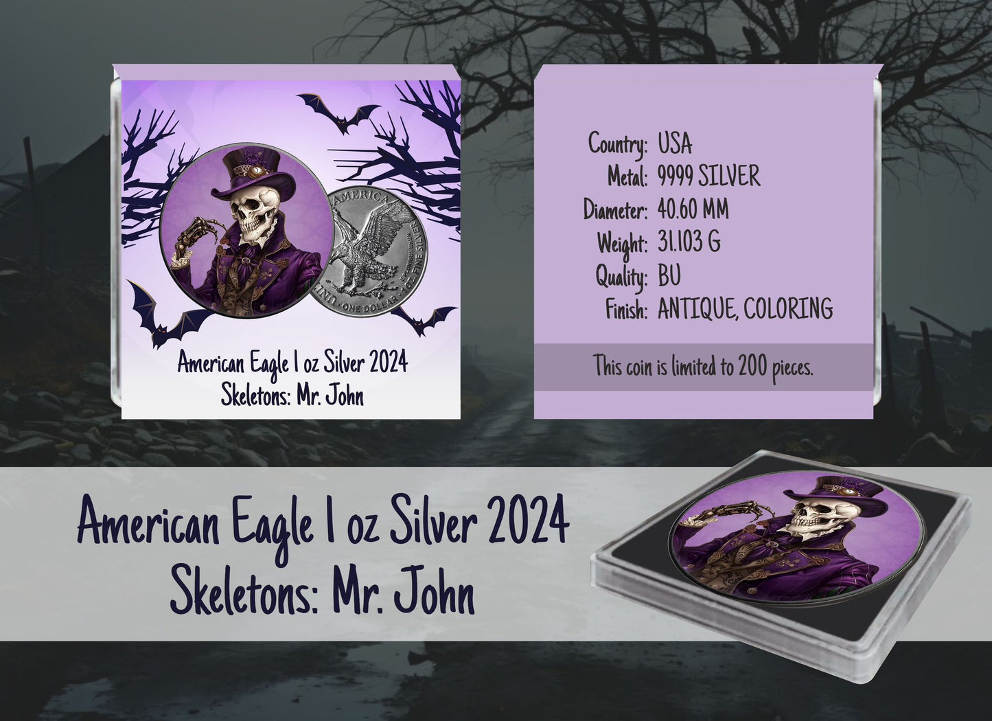 USA ASE Skeletons Mr. John Color 1oz Silber 2024*