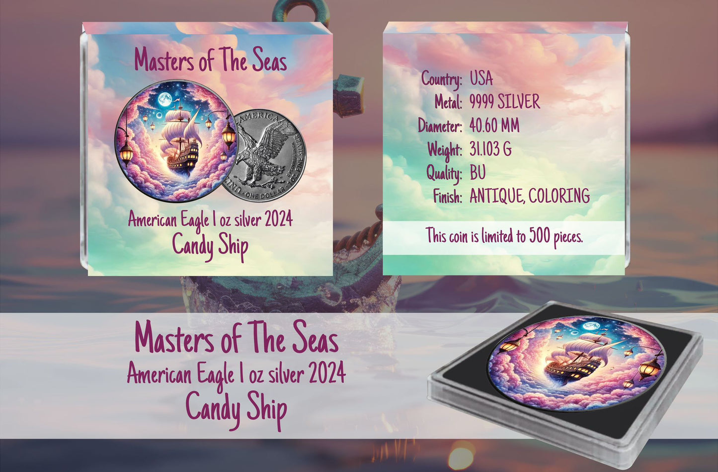 USA ASE Masters of the Seas, 1 Ausgabe Candy Ship Color 1oz Silbermünze 2024*