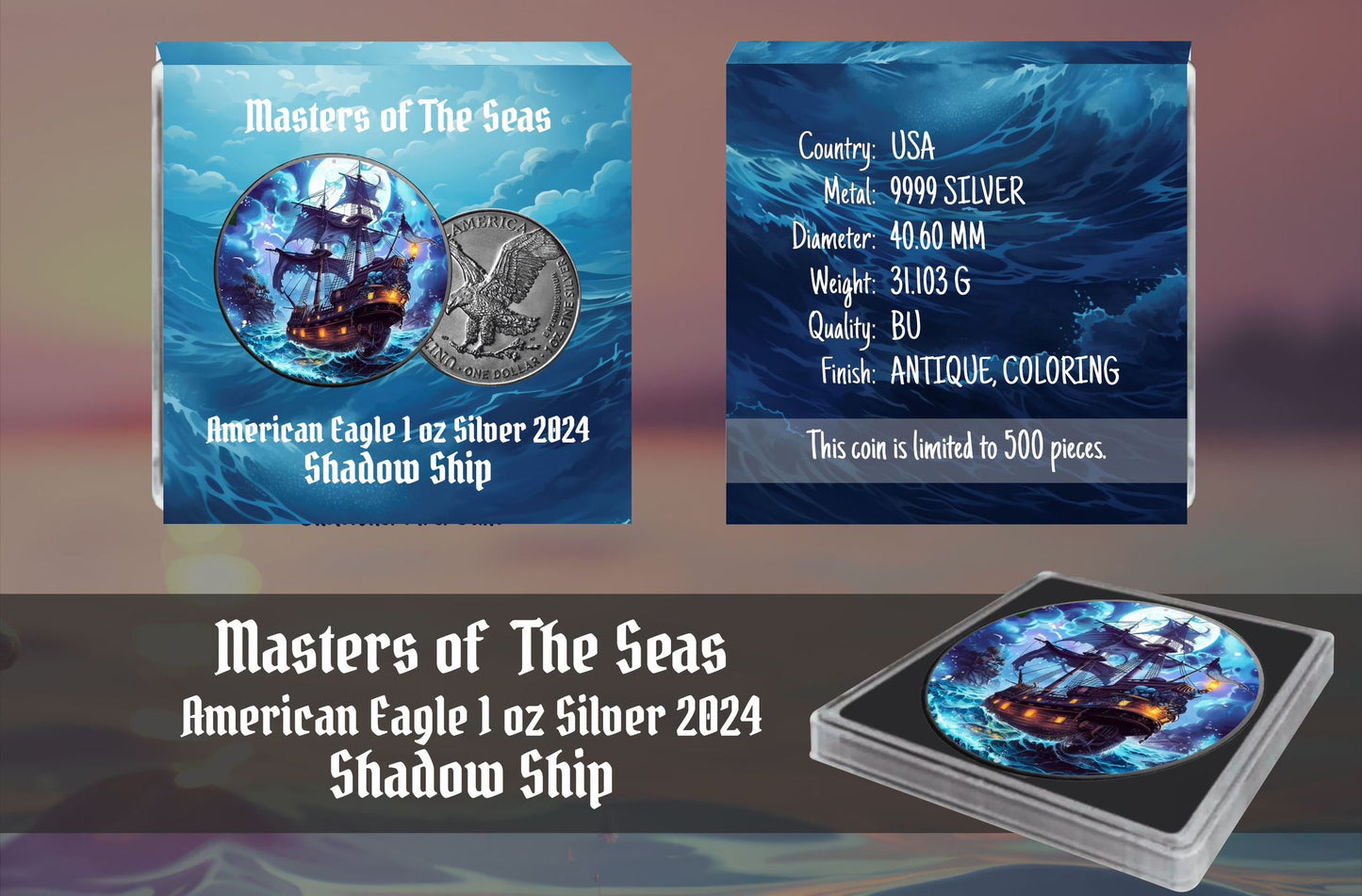 USA ASE Masters of the Seas, 1 Ausgabe Shadow Ship Color 1oz Silbermünze 2024*