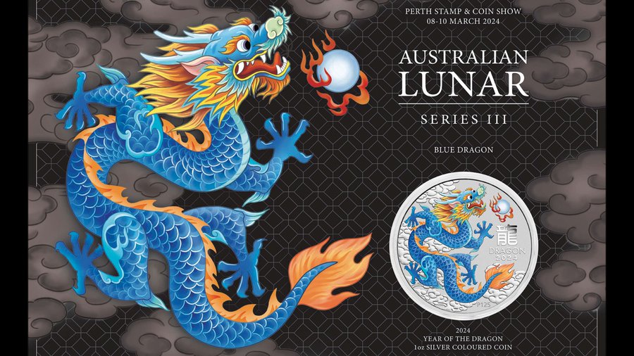 Blauer Drache Perth Stamp & Coin Show 1 oz Silbermünze