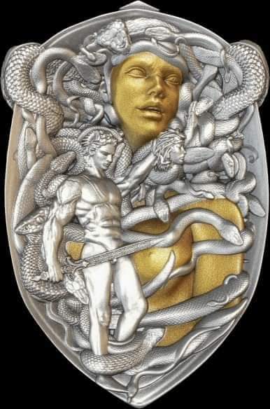 Gabon Perseus Shield 2025 HR Antik Gilded Shape Coin 3oz
