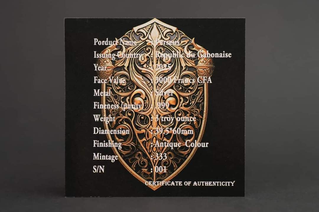 Gabon Perseus Shield 2025 HR Antik Gilded Shape Coin 3oz