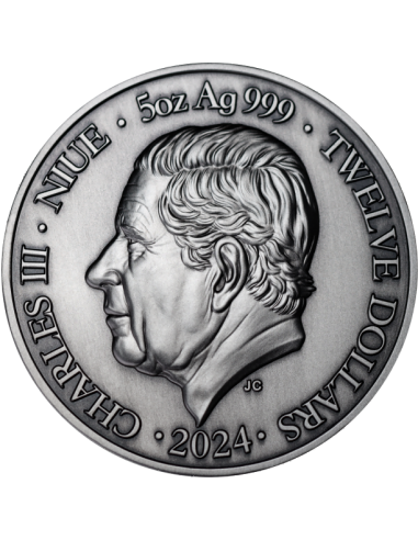 Niue Leo 2024, 5oz Silbermünze*, Antik Color Glow in the Dark UV UHR, Nur 99 Stk.