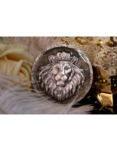 Niue Leo 2024, 5oz Silbermünze*, Antik Color Glow in the Dark UV UHR, Nur 99 Stk.