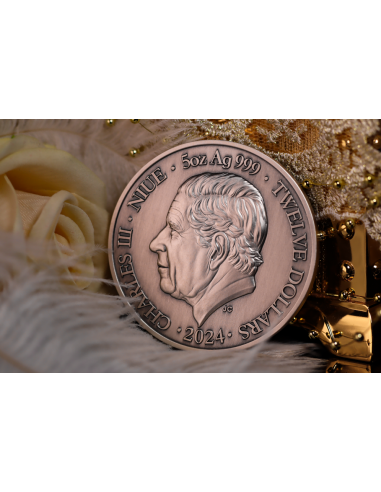 Niue Leo 2024, 5oz Silbermünze*, Antik Color Glow in the Dark UV UHR, Nur 99 Stk.