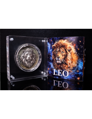 Niue Leo 2024, 5oz Silbermünze*, Antik Color Glow in the Dark UV UHR, Nur 99 Stk.