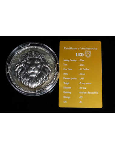 Niue Leo 2024, 5oz Silbermünze*, Antik Color Glow in the Dark UV UHR, Nur 99 Stk.