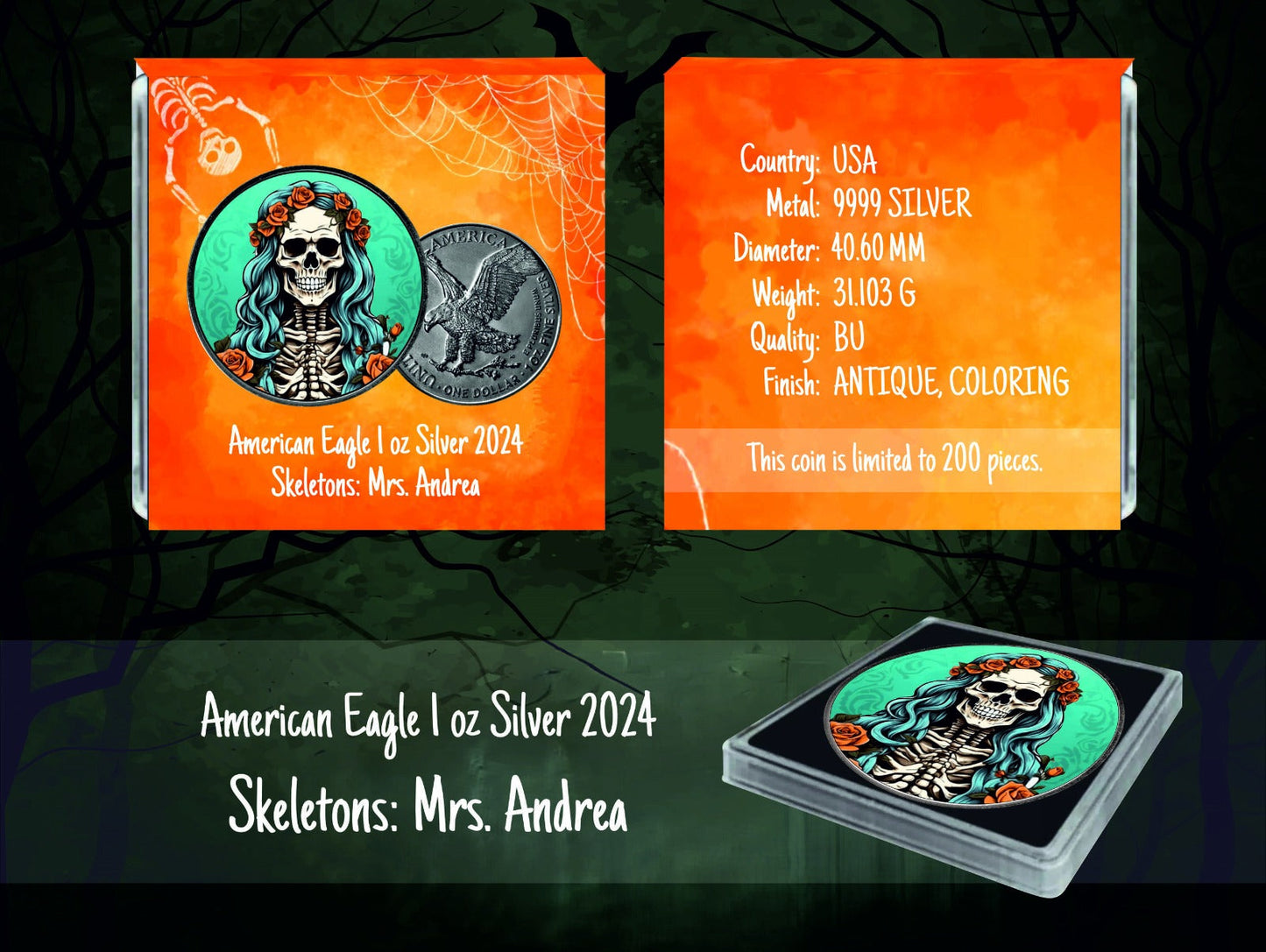 USA ASE Skeletons Mrs. Andrea Color 1oz Silber 2024*