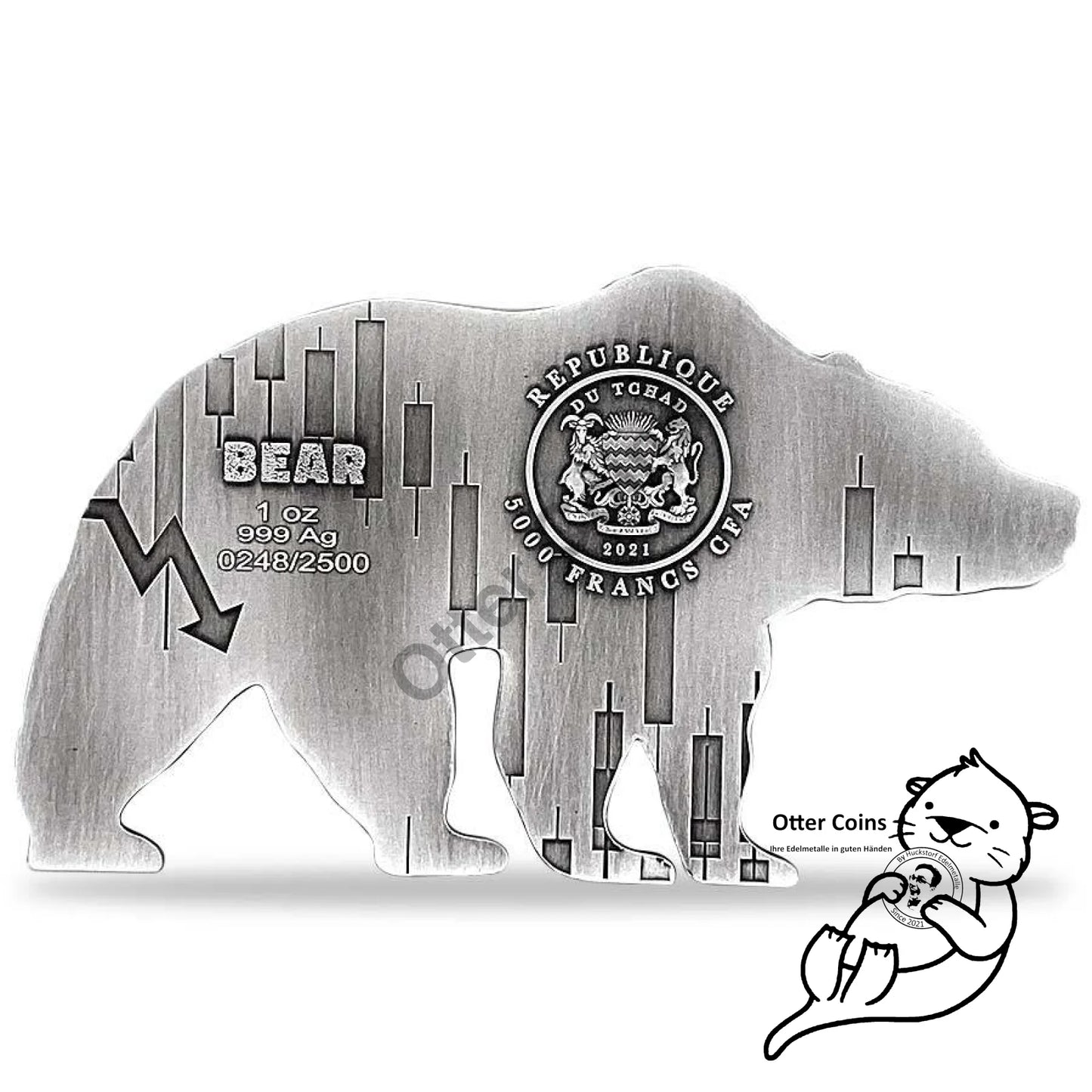 Chad 1 oz Silber Bear Shaped Antik High Relief Coin 2021*