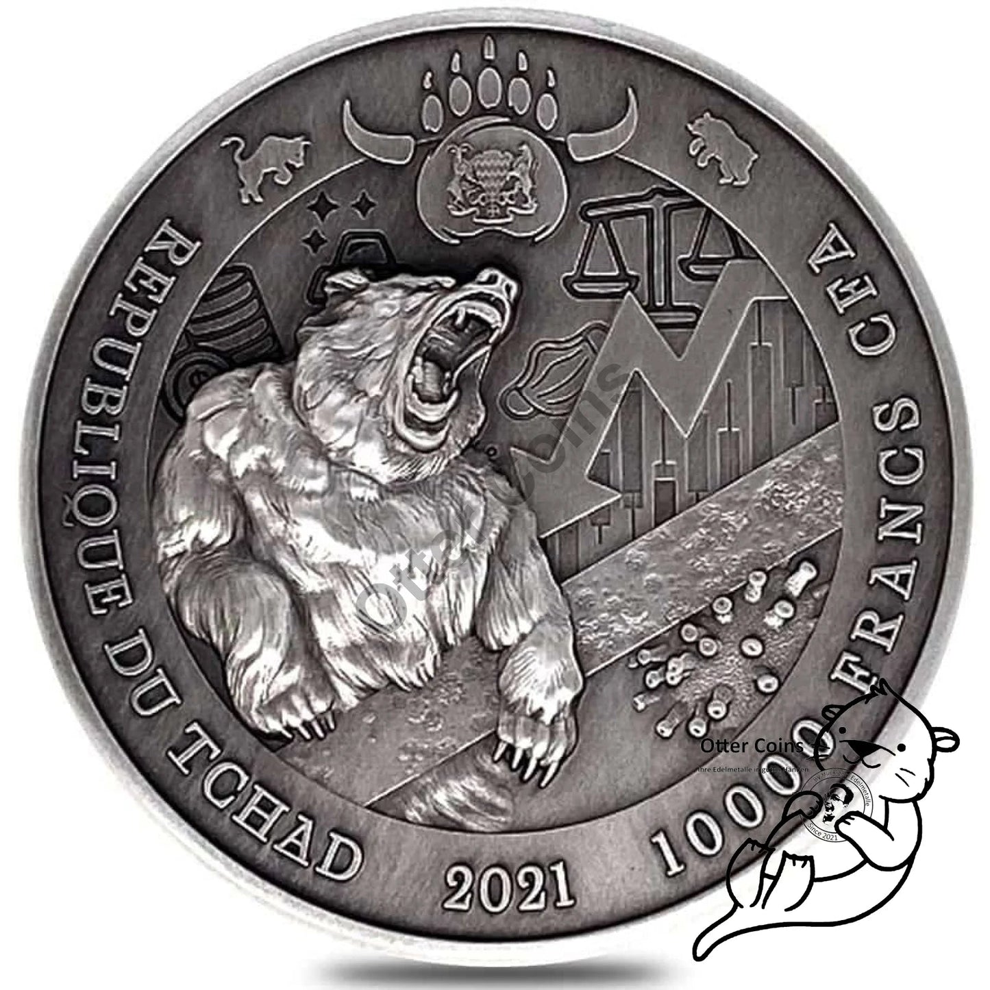 Chad 2 oz Silber Bull vs. Bear Antik High Relief Coin 2021