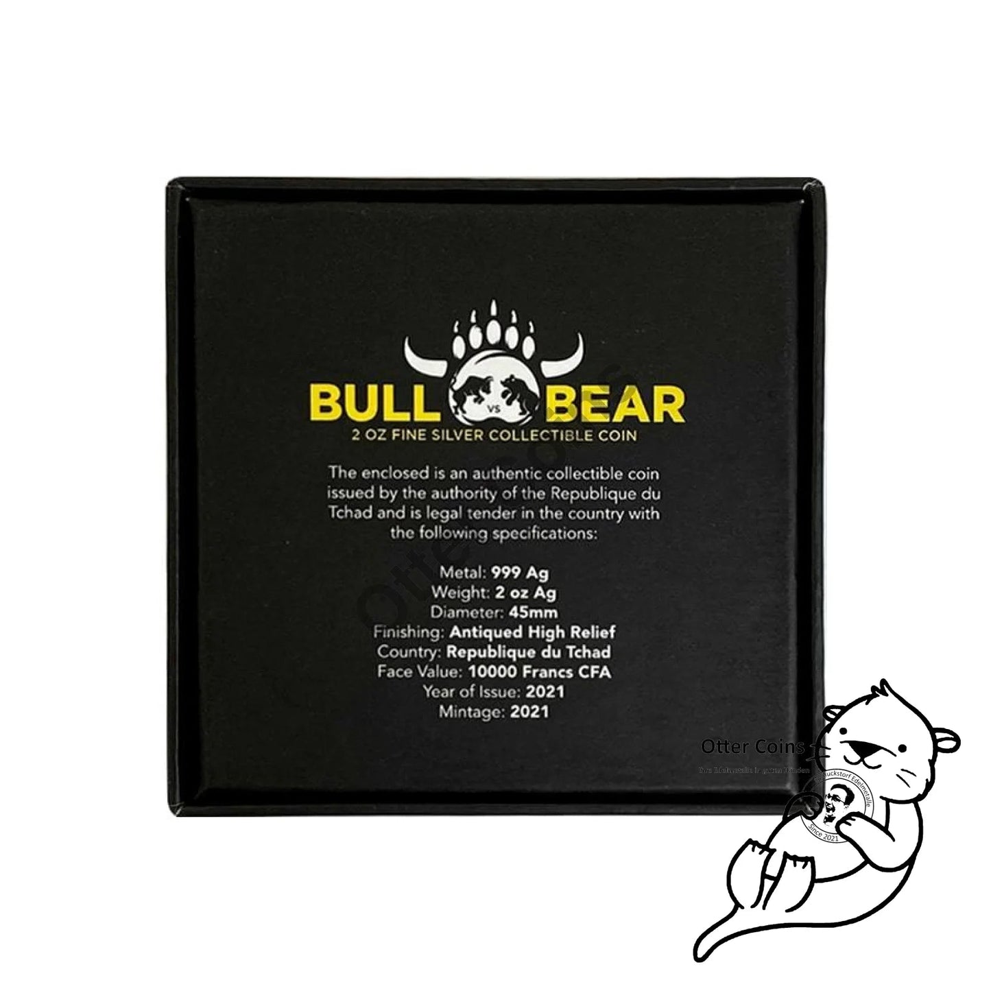 Chad 2 oz Silber Bull vs. Bear Antik High Relief Coin 2021