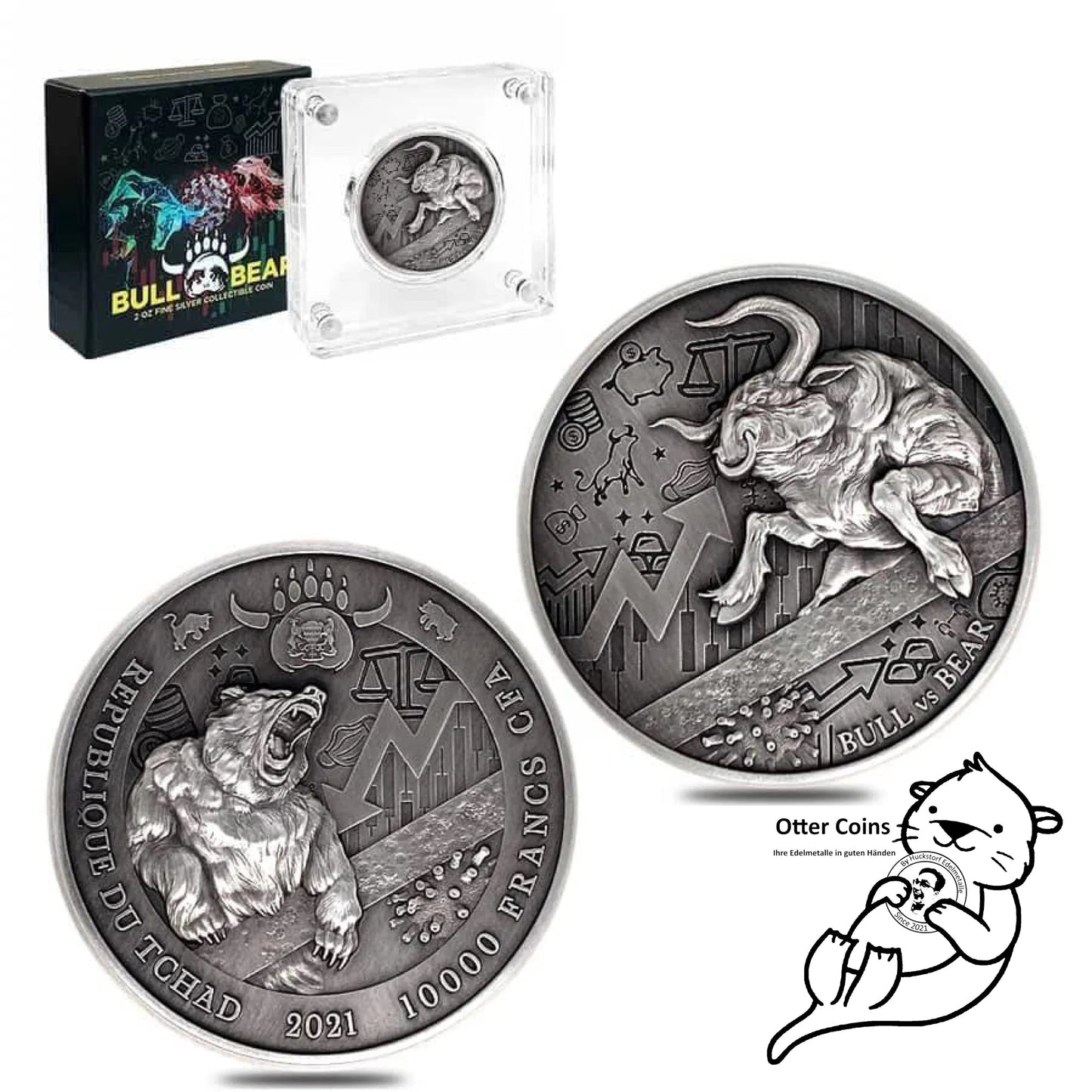 Chad 2 oz Silber Bull vs. Bear Antik High Relief Coin 2021