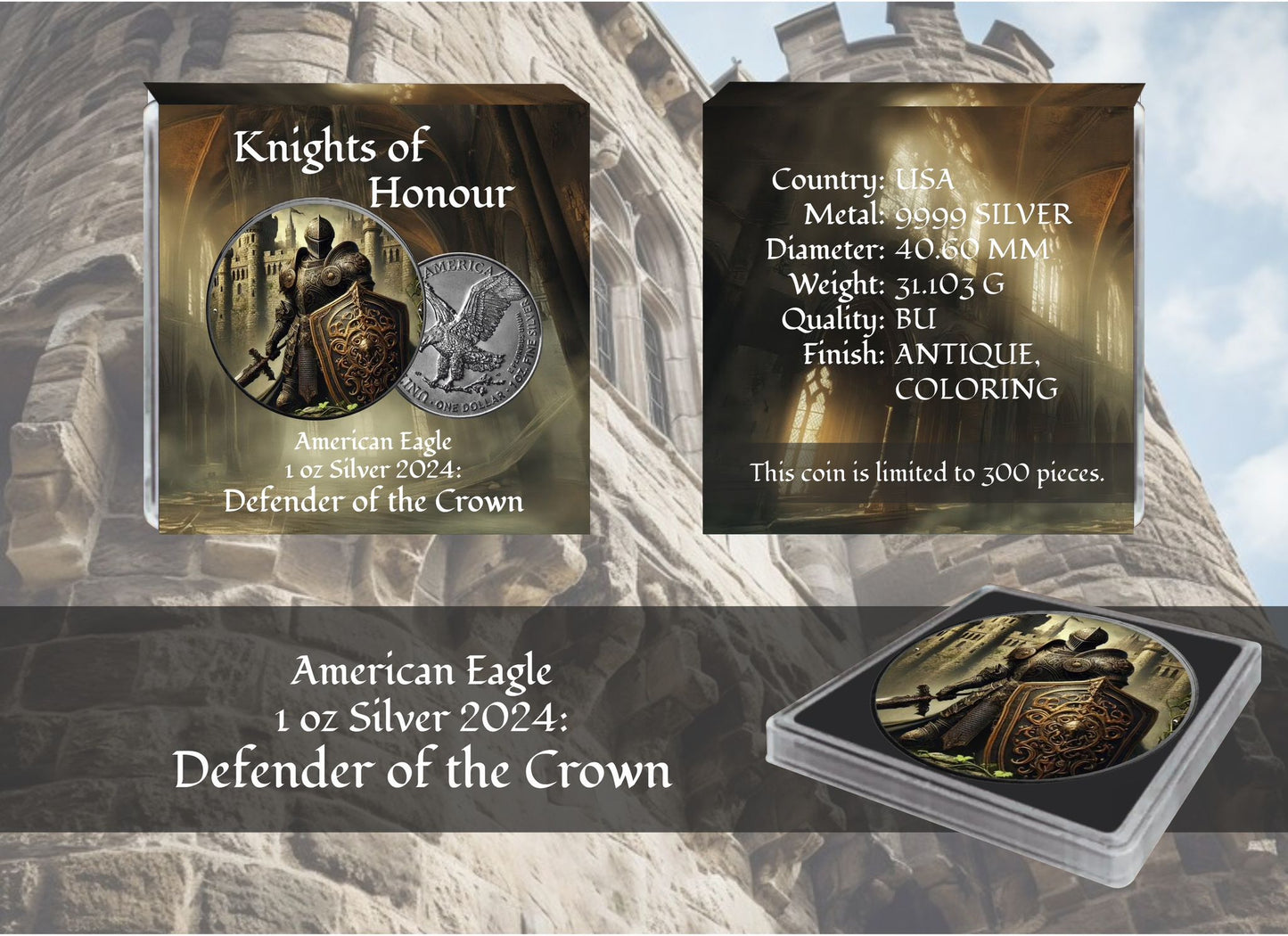USA ASE Knights of Honour Defender of the Crown Color 1oz Silber 2024*