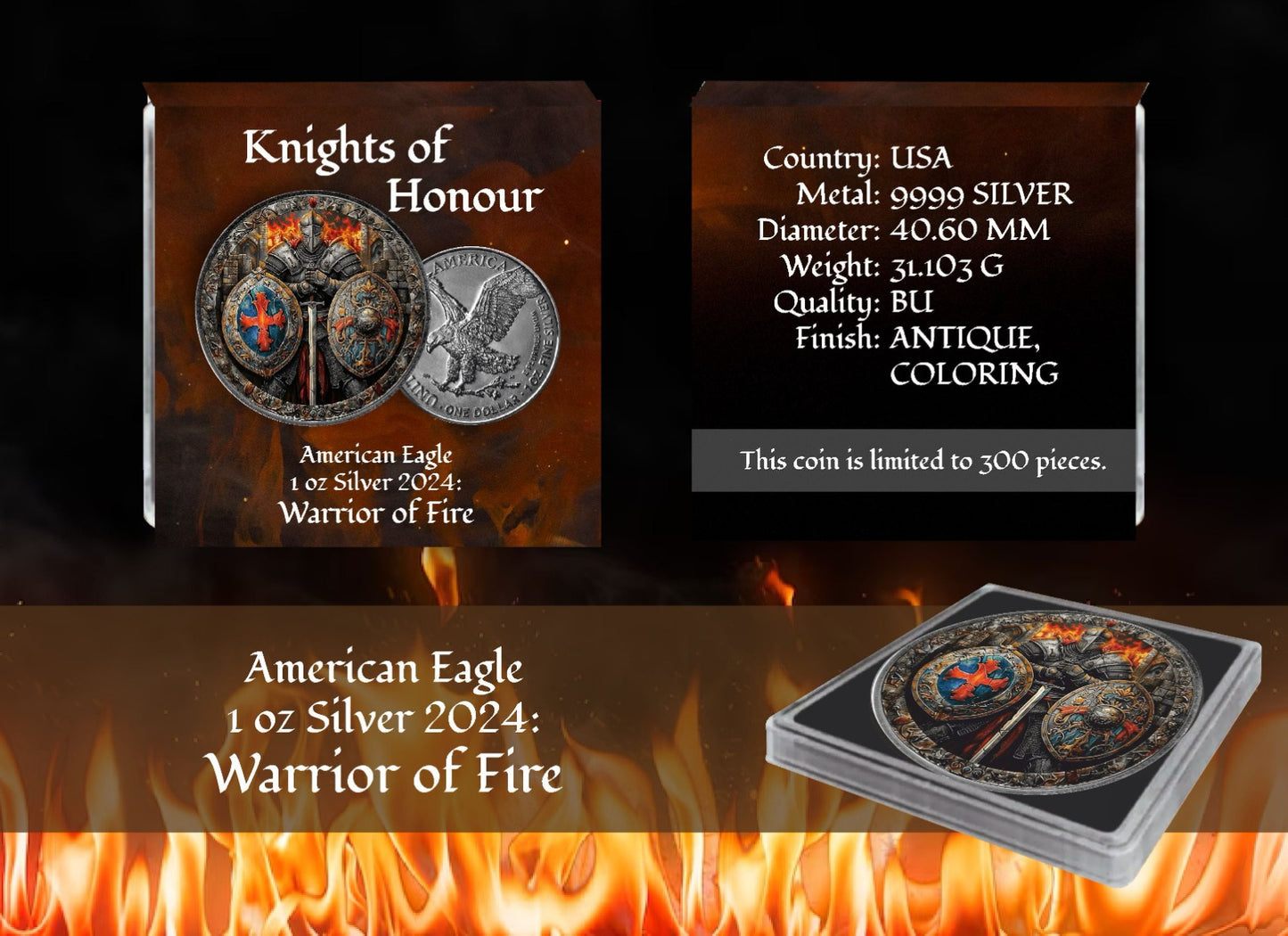 USA ASE Knights of Honour Warrior of Fire Color 1oz Silber 2024*