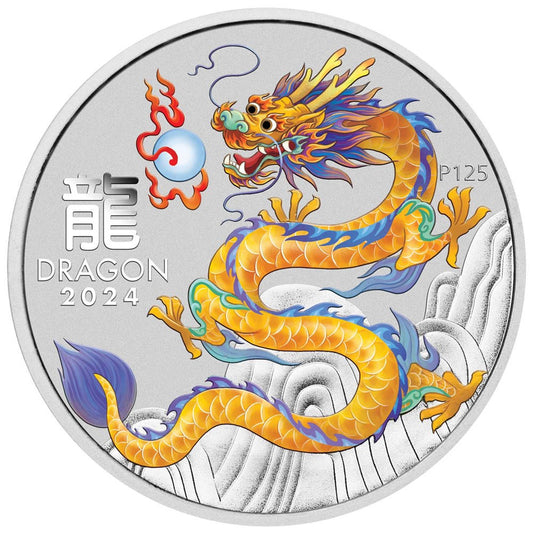 Gelber Drache Melbourne Money Expo 1 oz Silbermünze